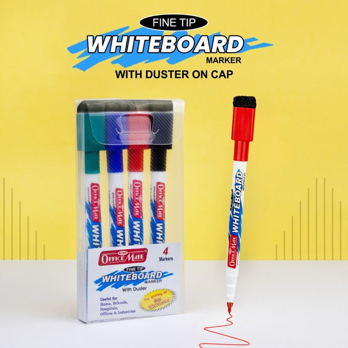 Soni Officemate Fine Tip Whiteboard Marker with Duster On Cap - Pack of 4