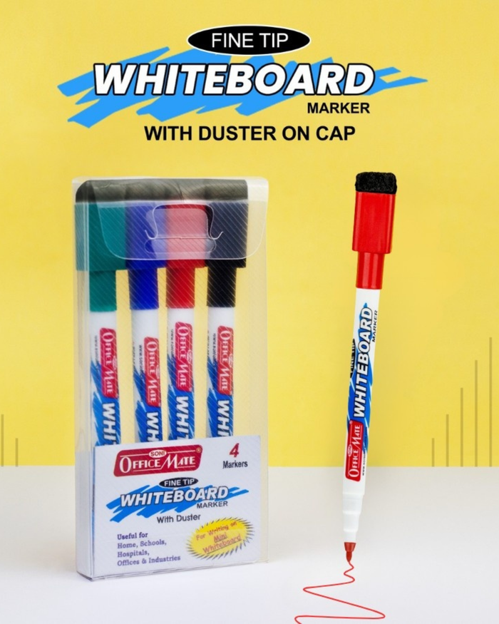 Soni Officemate Fine Tip Whiteboard Marker with Duster On Cap - Pack of 4