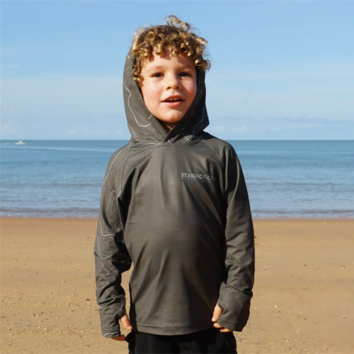 STAUNCH CRAB KIDS KHAKI CONTOUR HOODED UPF50+ LONG SLEEVE FISHING SHIRT [SZ:1]
