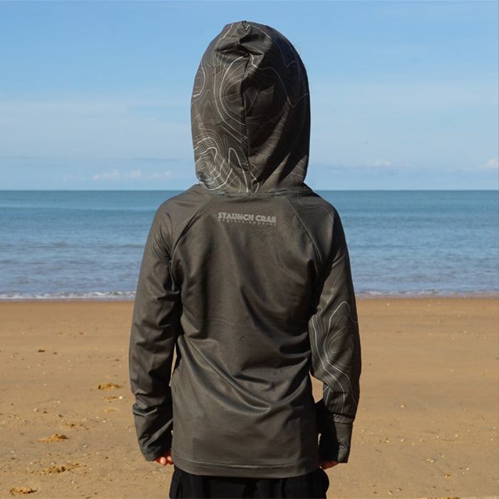 STAUNCH CRAB KIDS KHAKI CONTOUR HOODED UPF50+ LONG SLEEVE FISHING SHIRT [SZ:2]