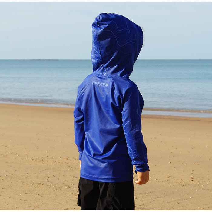 STAUNCH CRAB KIDS NAVY CONTOUR HOODED UPF50+ LONG SLEEVE FISHING SHIRT [SZ:2]