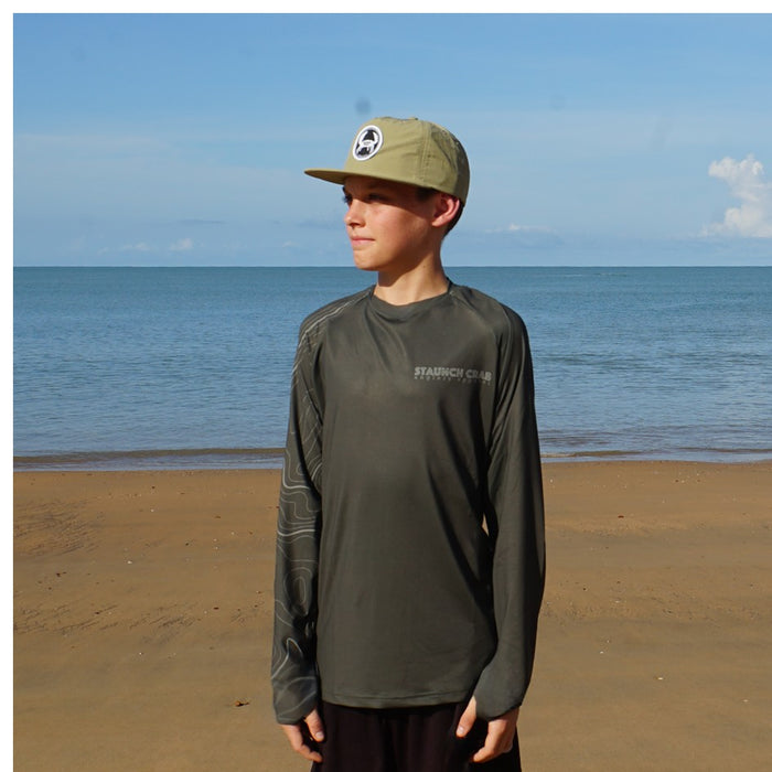 STAUNCH CRAB KIDS KHAKI CONTOUR UPF50+ LONG SLEEVE FISHING SHIRT [SZ:14]