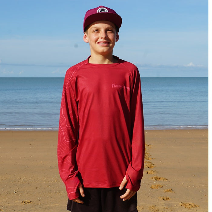STAUNCH CRAB KIDS RED CONTOUR UPF50+ LONG SLEEVE FISHING SHIRT [SZ:12]