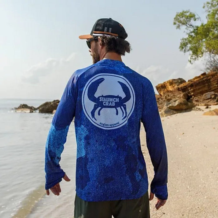 STAUNCH CRAB MENS SINIK BLUE UPF50+ LONG SLEEVE FISHING SHIRT [SZ:LARGE]