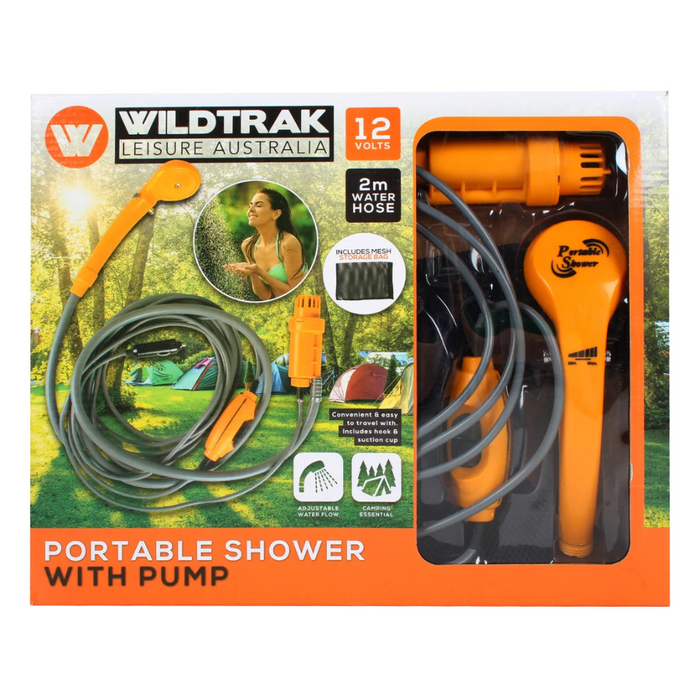 WILDTRAK 12V CAMP SHOWER WITH MESH BAG