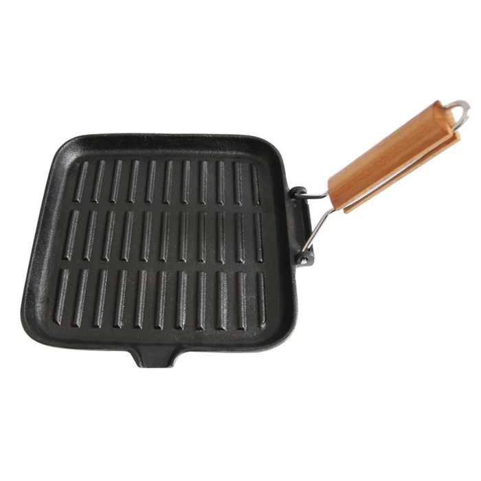 WILDTRAK CAST IRON GRIDDLE WITH WOOD FOLDING HANDLE