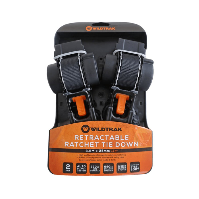 WILDTRAK RETRACTABLE RATCHET TIE DOWN STRAP 2PCE 350X2.5CM